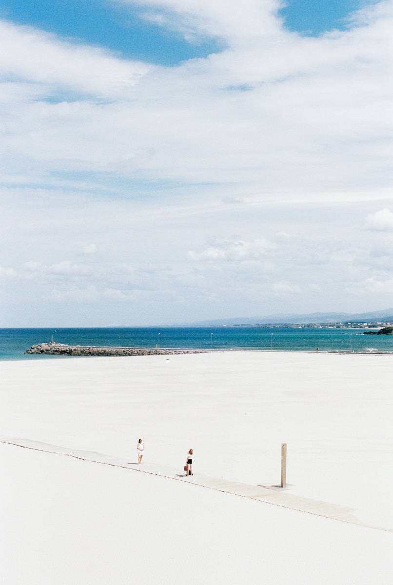 Two people on a sandy beach near the ocean