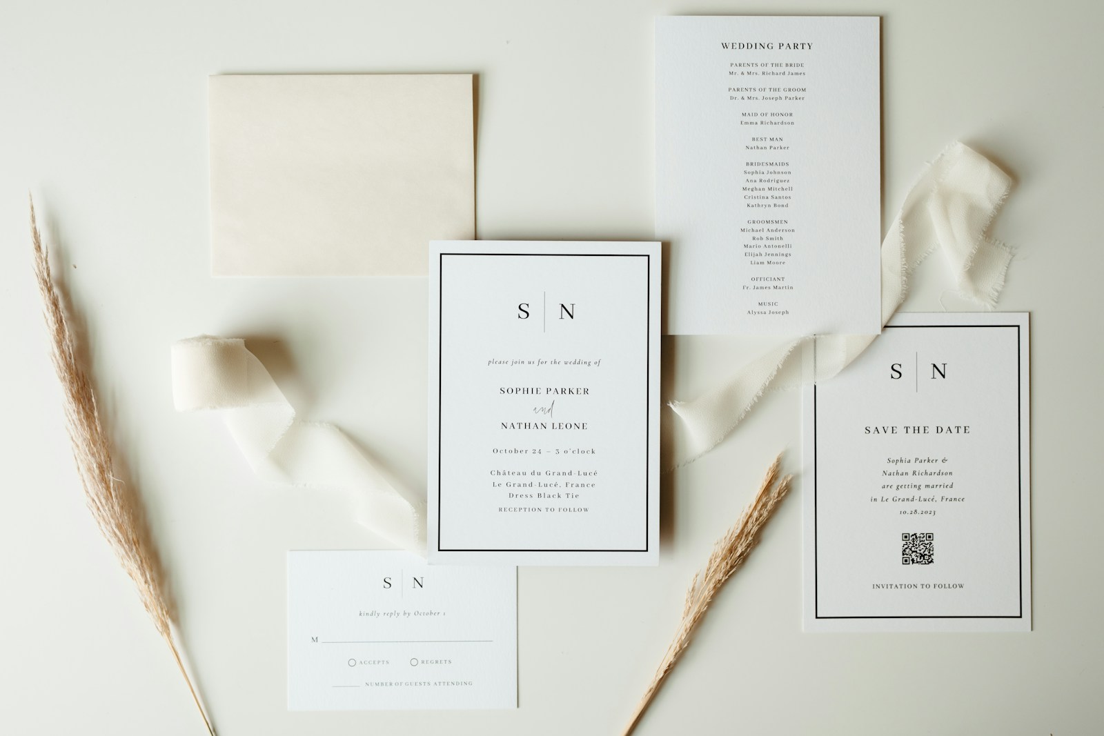 Photo by Micah & Sammie Chaffin Wedding stationery suite with neutral ribbon and dried flowers.